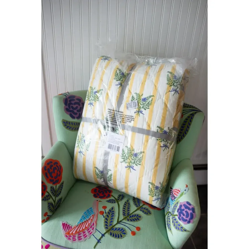 Anthropologie Iluka Cotton Printed Floral Quilt King Fern Gingham